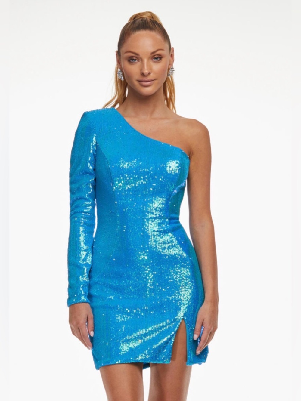 Ashley Lauren Blue Sequin One Shoulder Mini Dress Iridescent Size 2